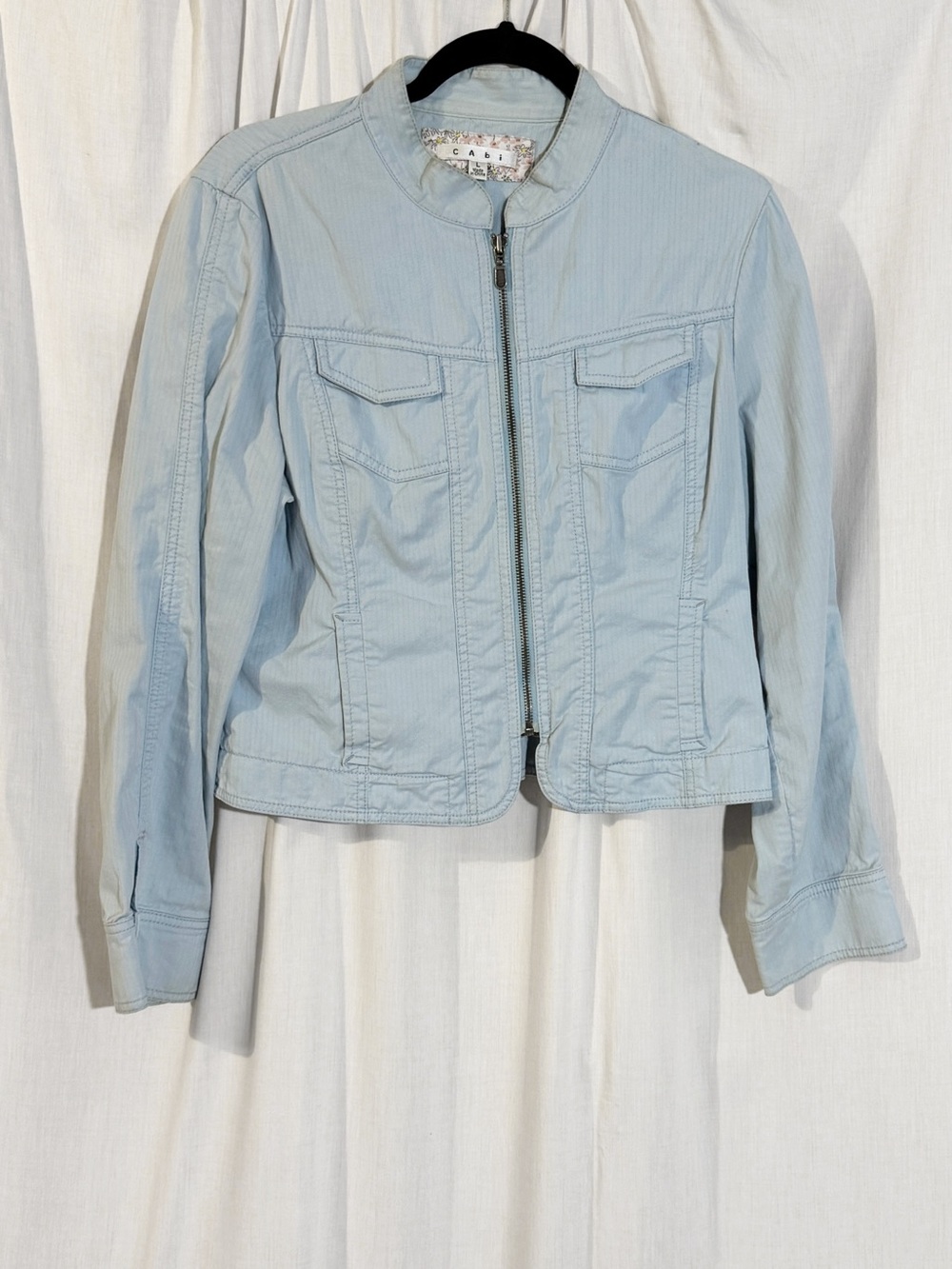CAbi Pale Blue Zip-Front Jean Jacket
